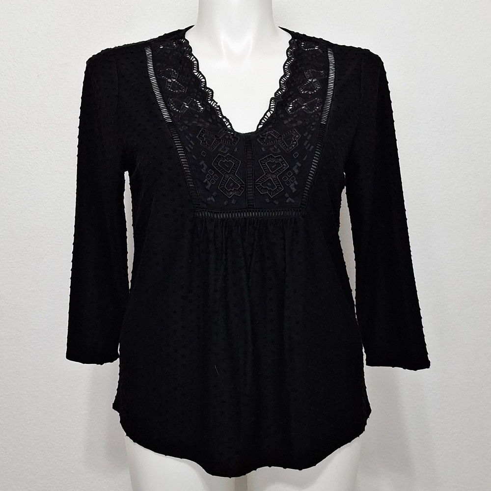 Daniel Rainn Black Swiss Dot Babydoll Embroidered Bohemian Y2K Inspired Blouse L